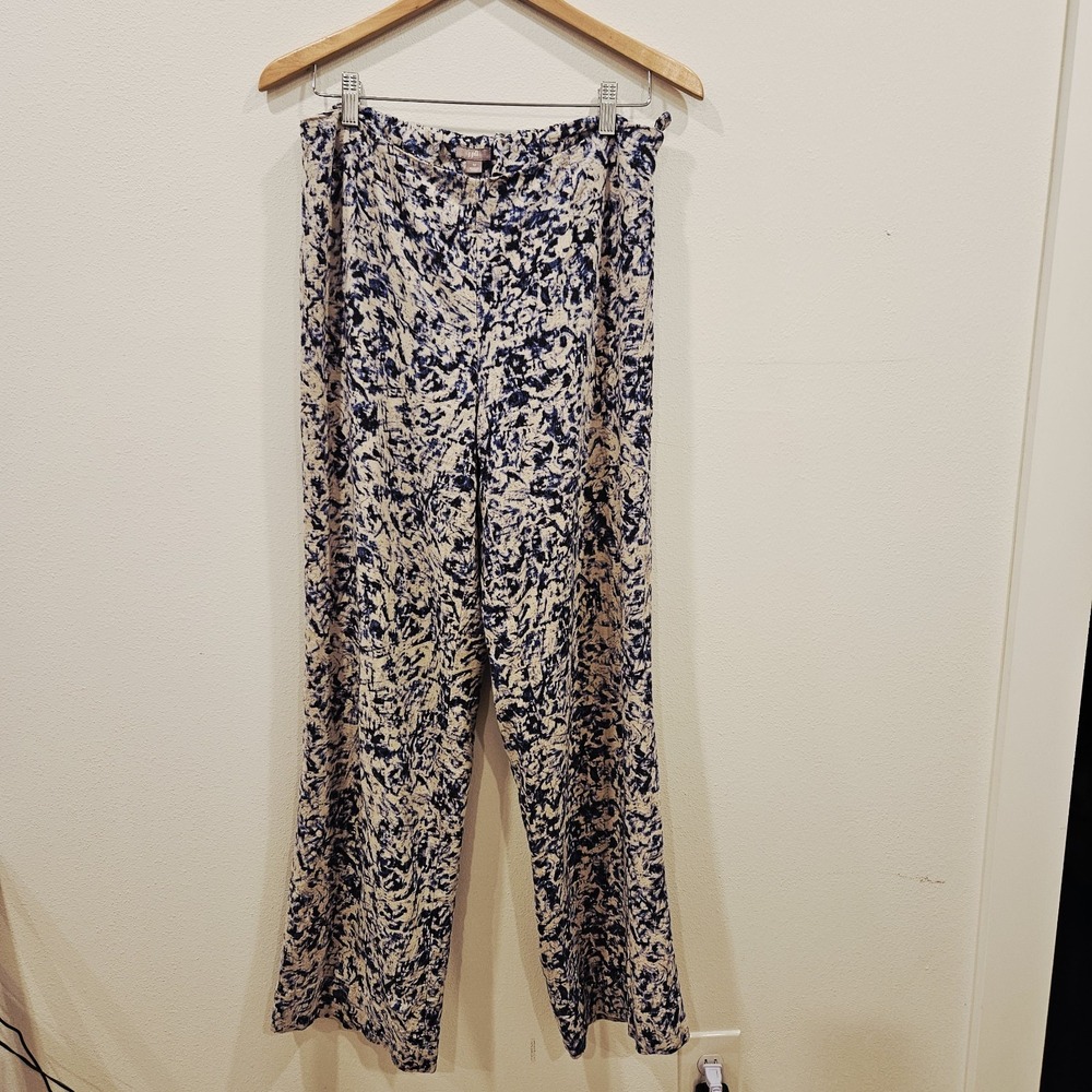 J Jill Womens Blue Print Linen Blend Elastic Back Side Zip Wide Leg Pants 10